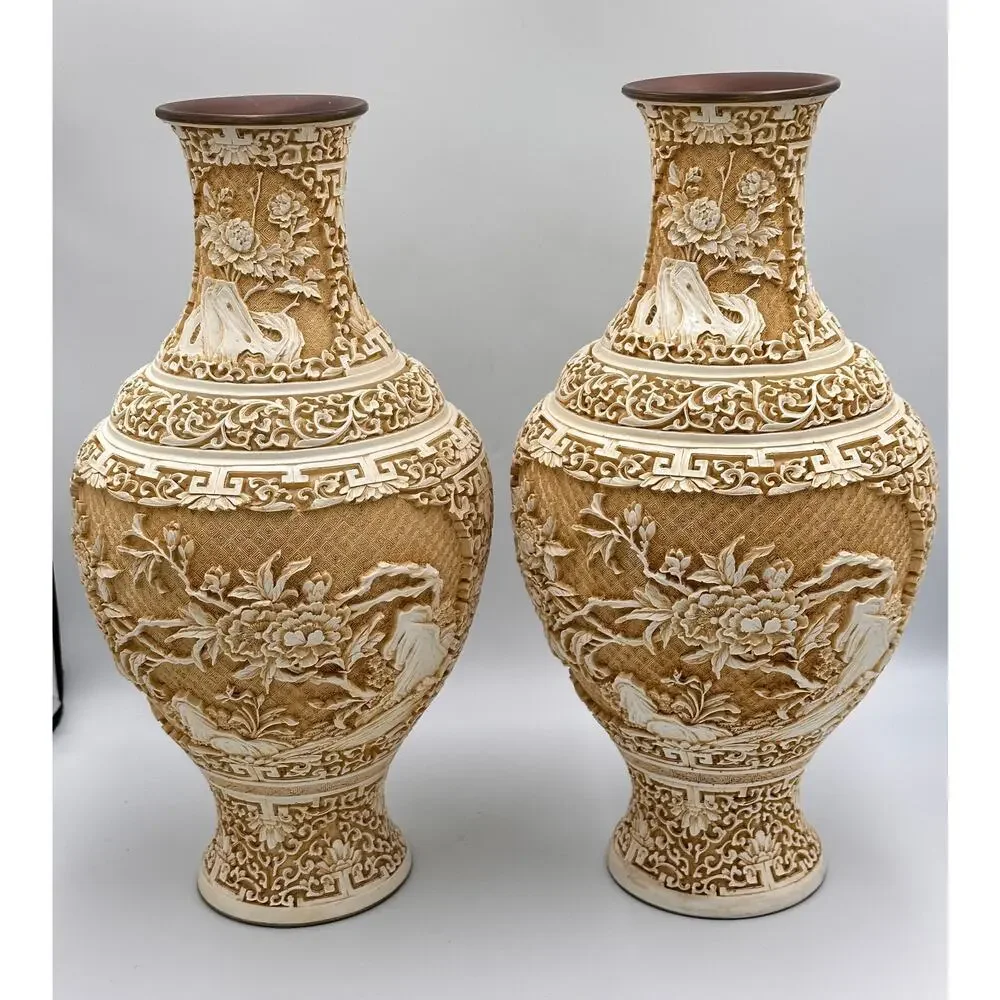 Antique Chinese Hand Carved Lacquered Cinnabar Over Brass Floral Motif Vase Set